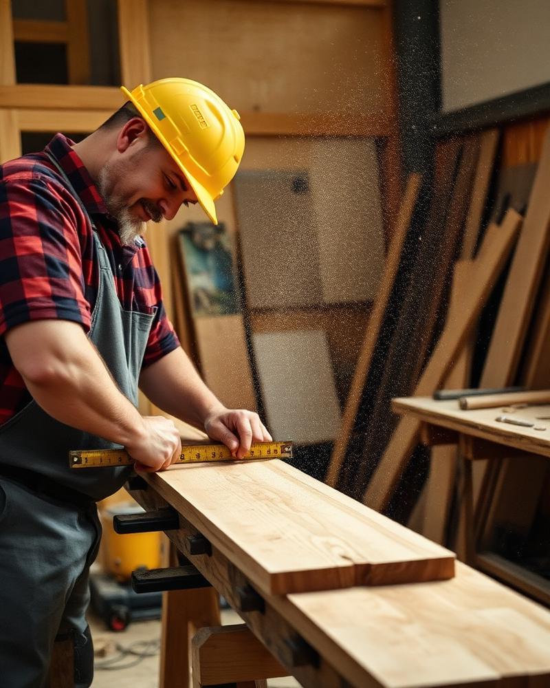 Carpenter cutting timber framing in a workshop