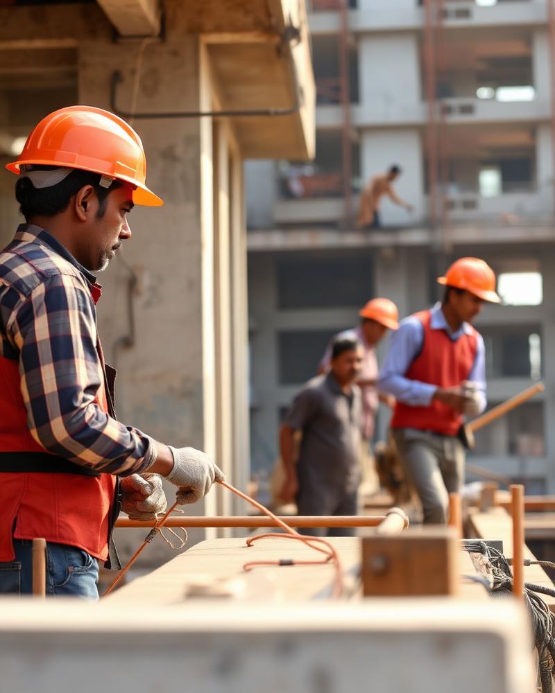Construction crew laying blockwork on an Indian building site