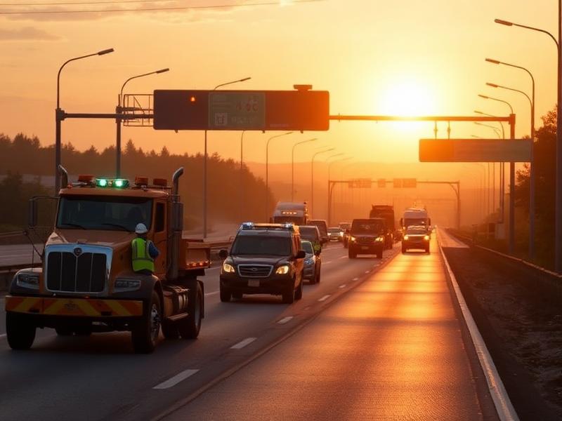 Road crew resurfacing a highway stretch at dawn