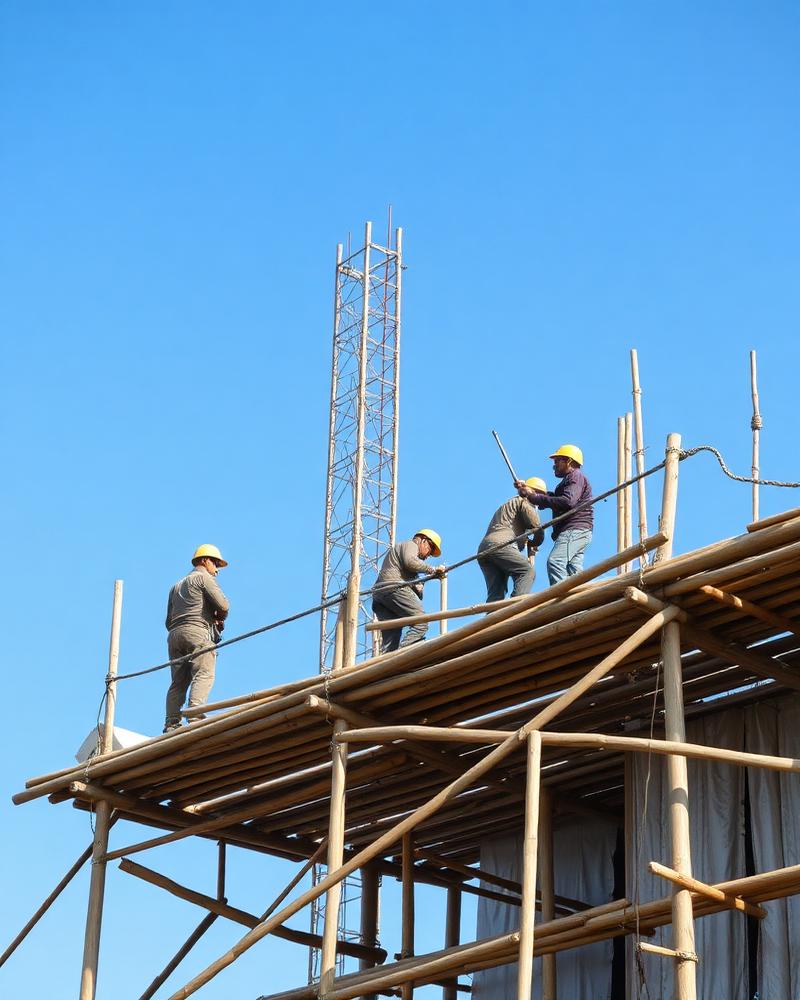 Scaffolders assembling tube frames against a tower block