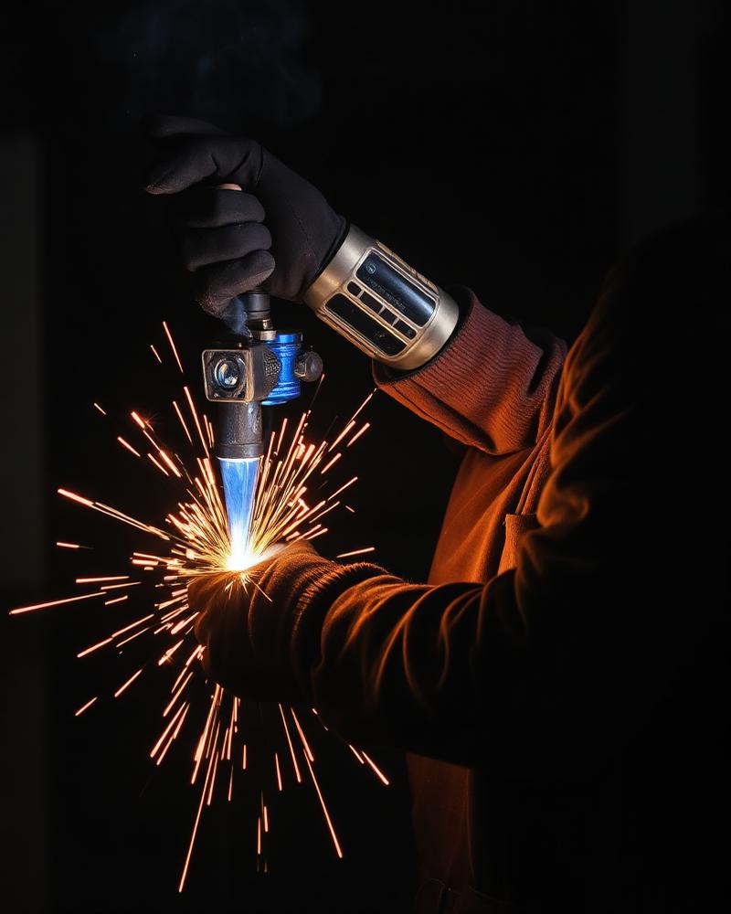 Steel worker welding a beam joint with sparks flying