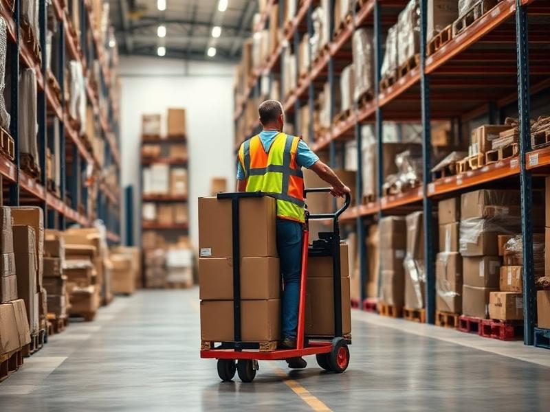 Warehouse worker moving stacked material with a trolley